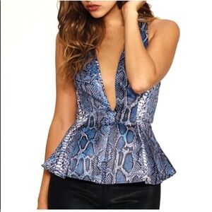 NWOT Lovers + Friends Blue Peplum Snakeskin Top